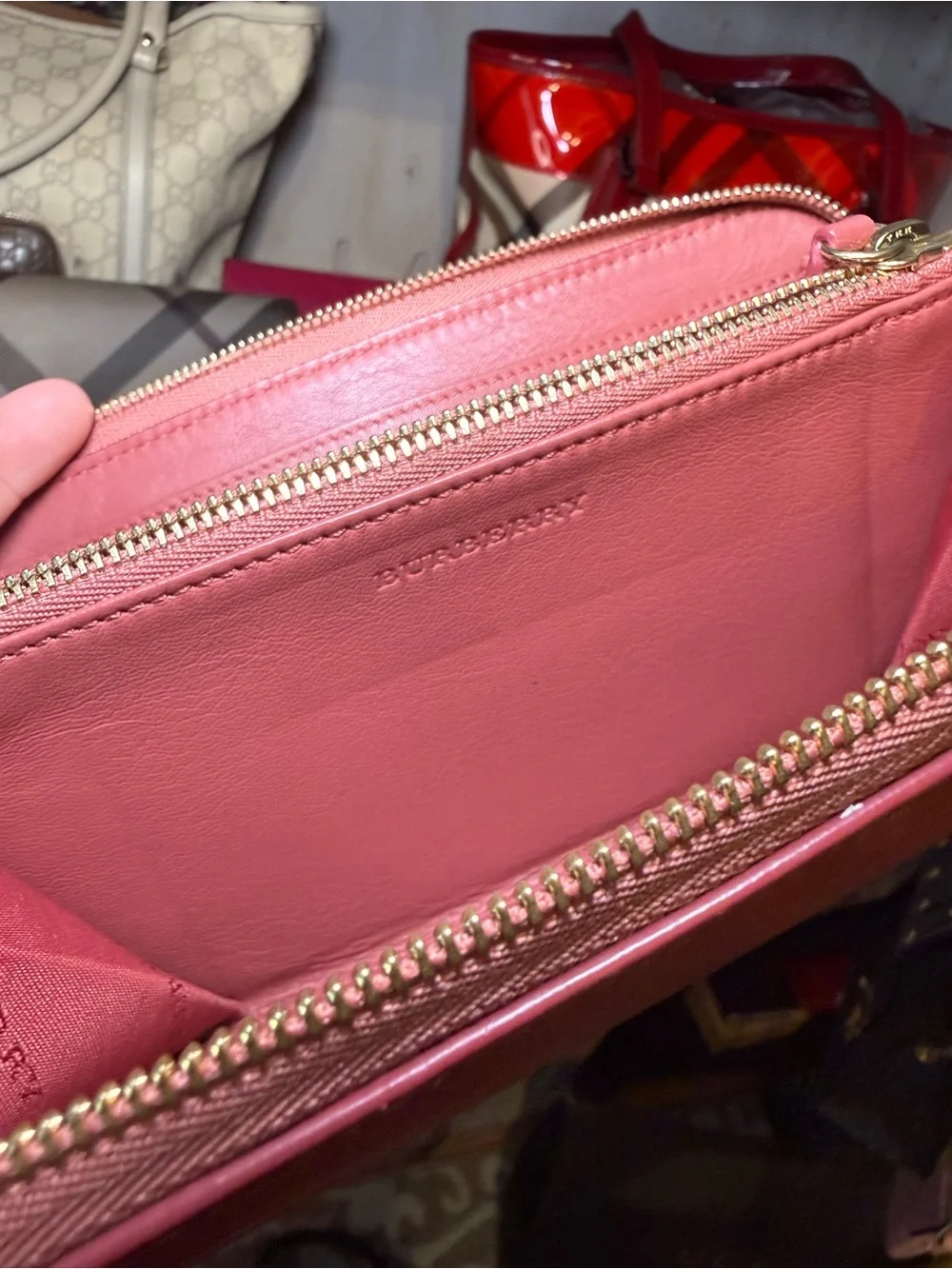 Burberry Pink Leather & Vintage Check Zip Wallet